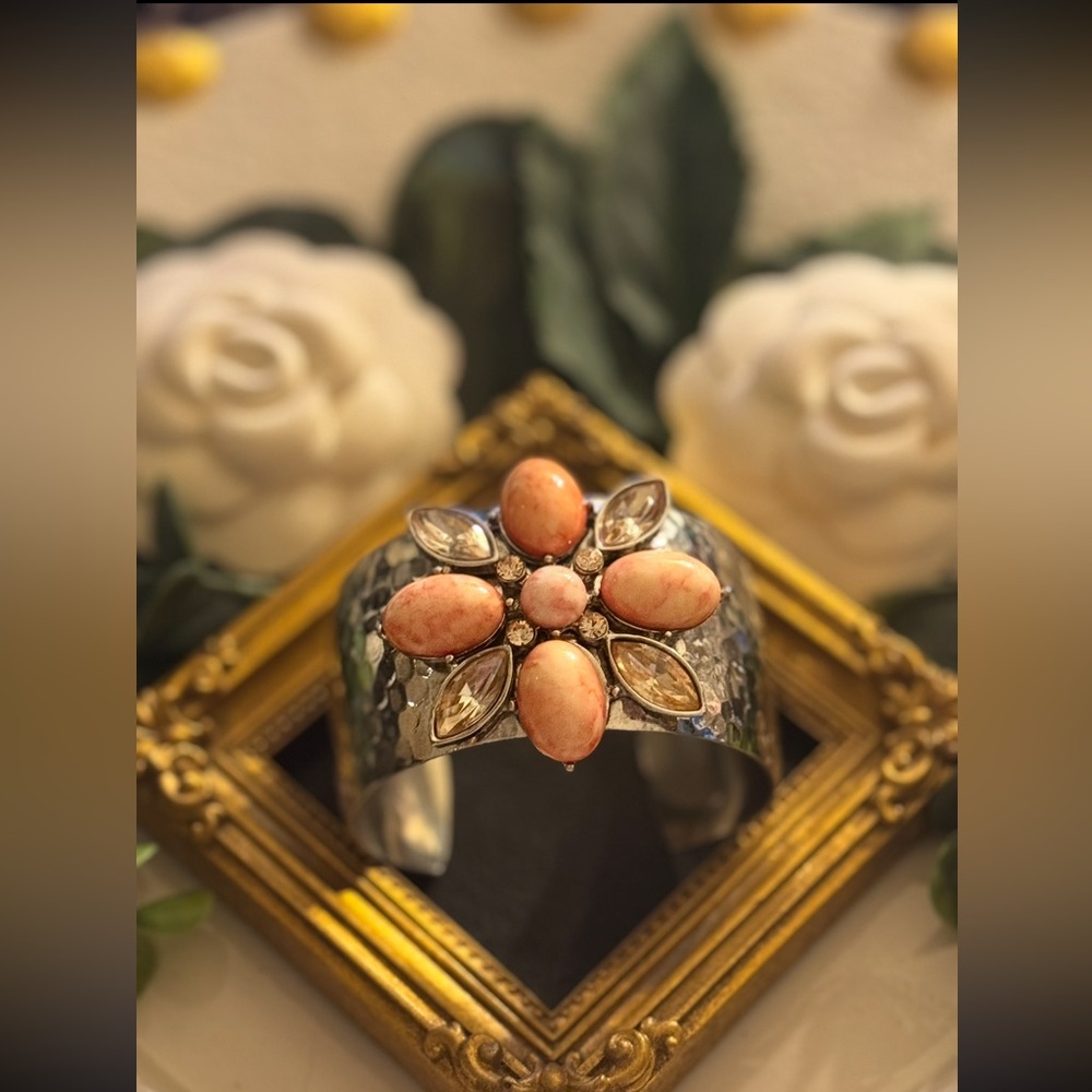 Silver With Pink Crystals and Orange Cabochon VTG Maltese Cross Cuff Bracelet